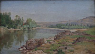 une image représentant un tableau d'une rivière avec des rochers au premier plan