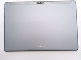 the back of a silver laptop computer sitting on top of a white surface