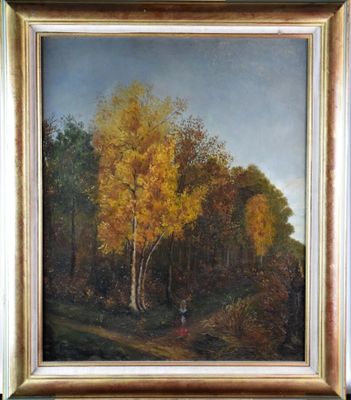 une peinture à l'huile représentant un paysage boisé avec des arbres et un personnage