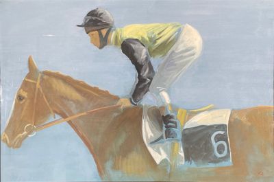 un tableau représentant un jockey à cheval sur une piste