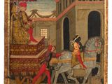 an image of a painting of a man on a horse pulling a cart