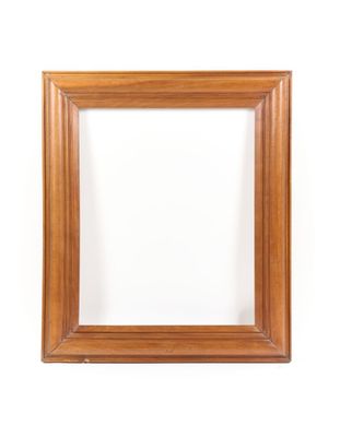 an empty wooden picture frame on a white background