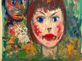 a painting of a woman with red hair and blue eyes