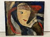 an oil painting of a woman with a red hat and a red scarf