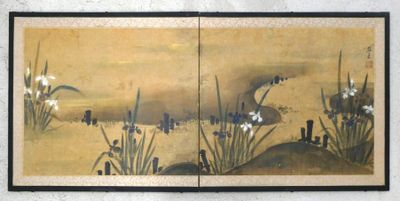 painting of a landscape with a river and flowers in the foreground
