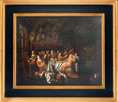 a painting of a group of people in a room with a dog