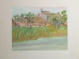 an image of a painting of a house by a body of water