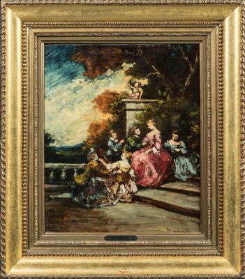 un tableau représentant un groupe de personnes assises sous un porche