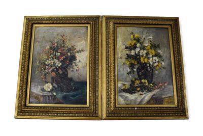 Ecole fin XIXe, "Bouquets". Paire d'huiles sur toile, 73 x 5… - Photo 1