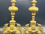 pair of antique brass candlesticks with birds and flowers