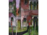 an oil painting of a gondola in front of a building