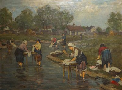 tableau représentant un groupe de personnes en train de laver du linge dans une rivière