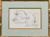 framed picture of a drawing of a man and a woman in a tent