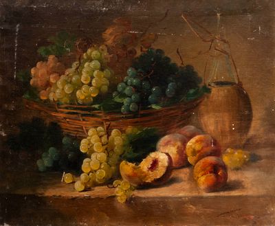 tableau représentant un panier de raisins et de pêches posé sur une table