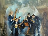 une peinture à l'huile représentant un groupe d'hommes jouant d'un instrument dans une pièce