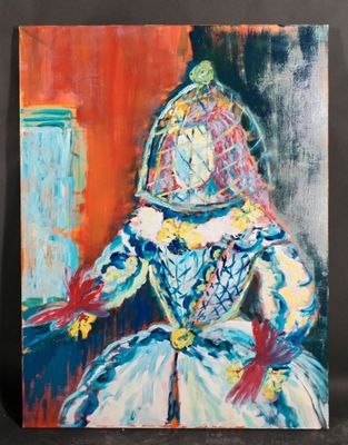 un tableau représentant une femme en costume, assise sur une chaise
