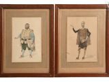 two framed drawings of men in costumes and hats, one of which is holding a cane