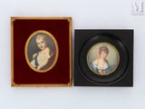 two miniature portraits of a woman in a dress and a man in a suit