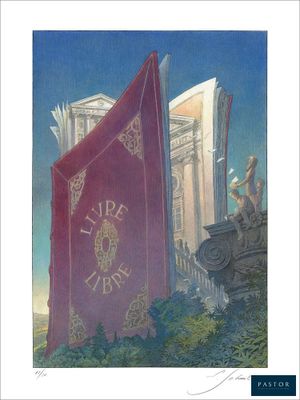 une image représentant un tableau sur lequel figurent un livre et une statue devant un bâtiment