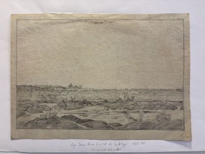 drawing of a view of a city from the shore of a river