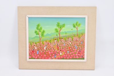 un tableau représentant un champ de fleurs avec des arbres en arrière-plan