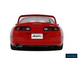 the rear end of a red sports car with a white license plate