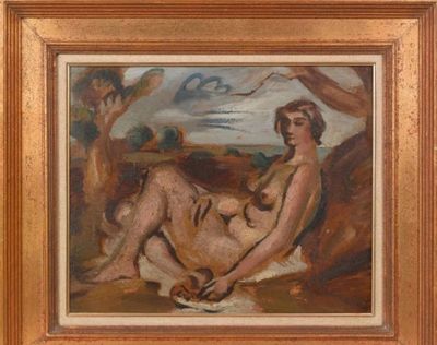 une peinture à l'huile représentant une femme nue assise sur une plage