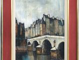 une peinture à l'huile représentant un pont sur une rivière avec des bâtiments à l'arrière-plan