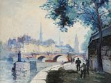 painting of a painting of people walking along a river with a bridge in the background
