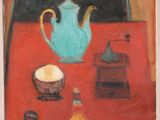 a painting of a teapot and a plate of food on a table