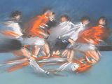 a painting of a group of people playing a game of hockey