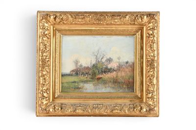 une image représentant un tableau de paysage avec une rivière au premier plan et des arbres à l'arrière-plan