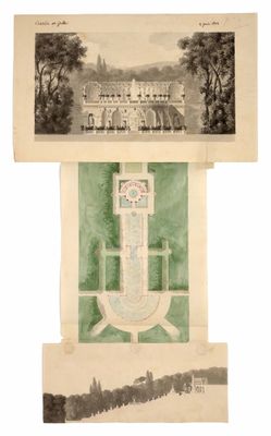two drawings of a large building with a fountain in front of it