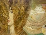 un tableau représentant une femme avec un oiseau sur l'épaule