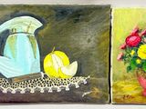 painting of a vase of flowers and a pitcher of lemons on a table