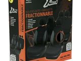 a box of four black car seat covers with orange trims