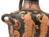a black and red vase with a painting of people on it