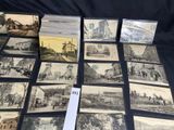 several old black and white photos of a train station and other buildings