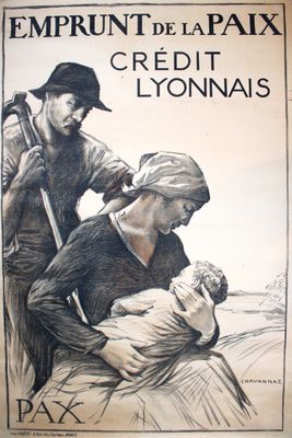 une vieille affiche française représentant un homme aidant une femme avec un bébé