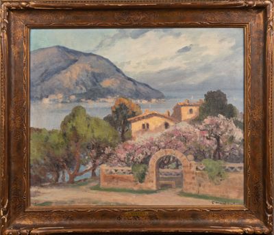 une peinture à l'huile représentant un paysage avec une maison et des montagnes en arrière-plan
