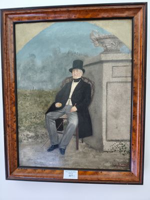 un tableau représentant un homme coiffé d'un haut-de-forme, assis sur une chaise