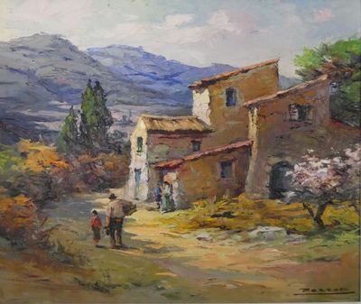 an oil painting of a couple of people walking down a dirt road