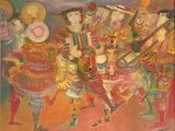 painting of a group of people dressed in costumes and holding musical instruments