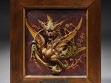 une image représentant un dragon et un dragon sur une plaque