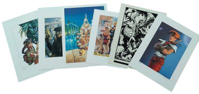six cards of different color and size of artwork on a white surface