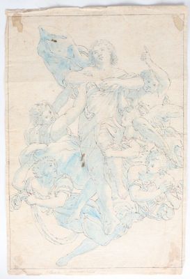an old drawing of a man riding a horse with a woman on it