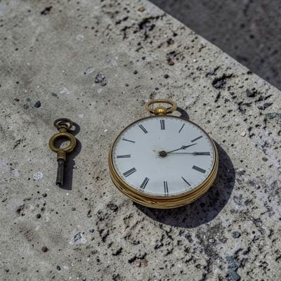 une montre de poche et une clé posées sur une surface en béton