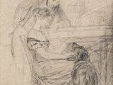 une image représentant le dessin d'une femme assise à une table avec un chien
