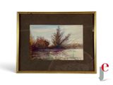 a painting of a river with trees in the background