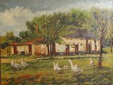 un tableau représentant des oies dans un champ près d'une maison